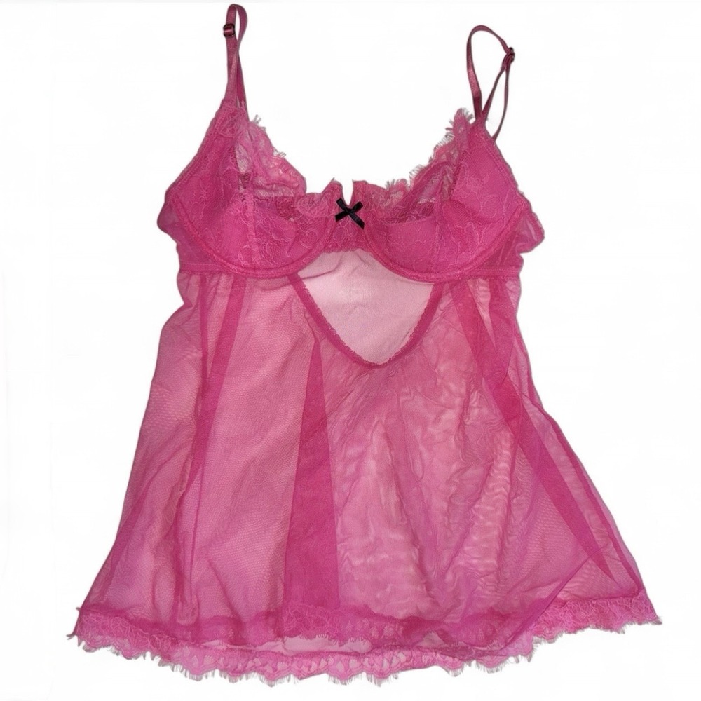 Victoria's Secret Pink Mesh Lace Babydoll Lingerie 36C Underwire Y2K Sheer 11/07